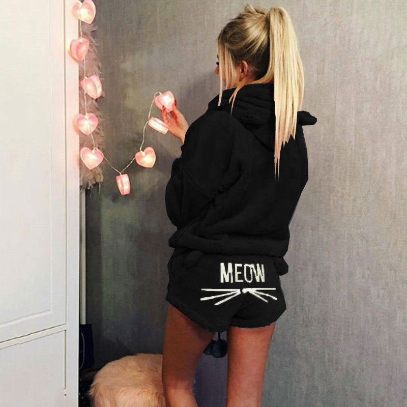 Women's Cozy Two-Piece Lounge Set with Hoodie and MEOW Embroidery Shorts