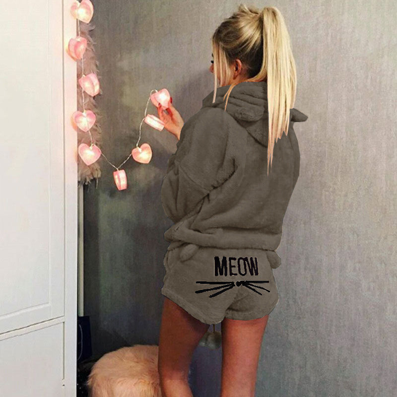Women's Cozy Two-Piece Lounge Set with Hoodie and MEOW Embroidery Shorts