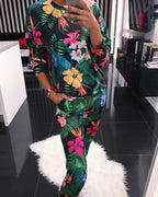 Women's Casual Suit with Floral Print and Pockets