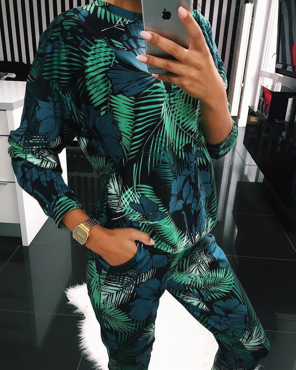 Women's Casual Suit with Floral Print and Pockets