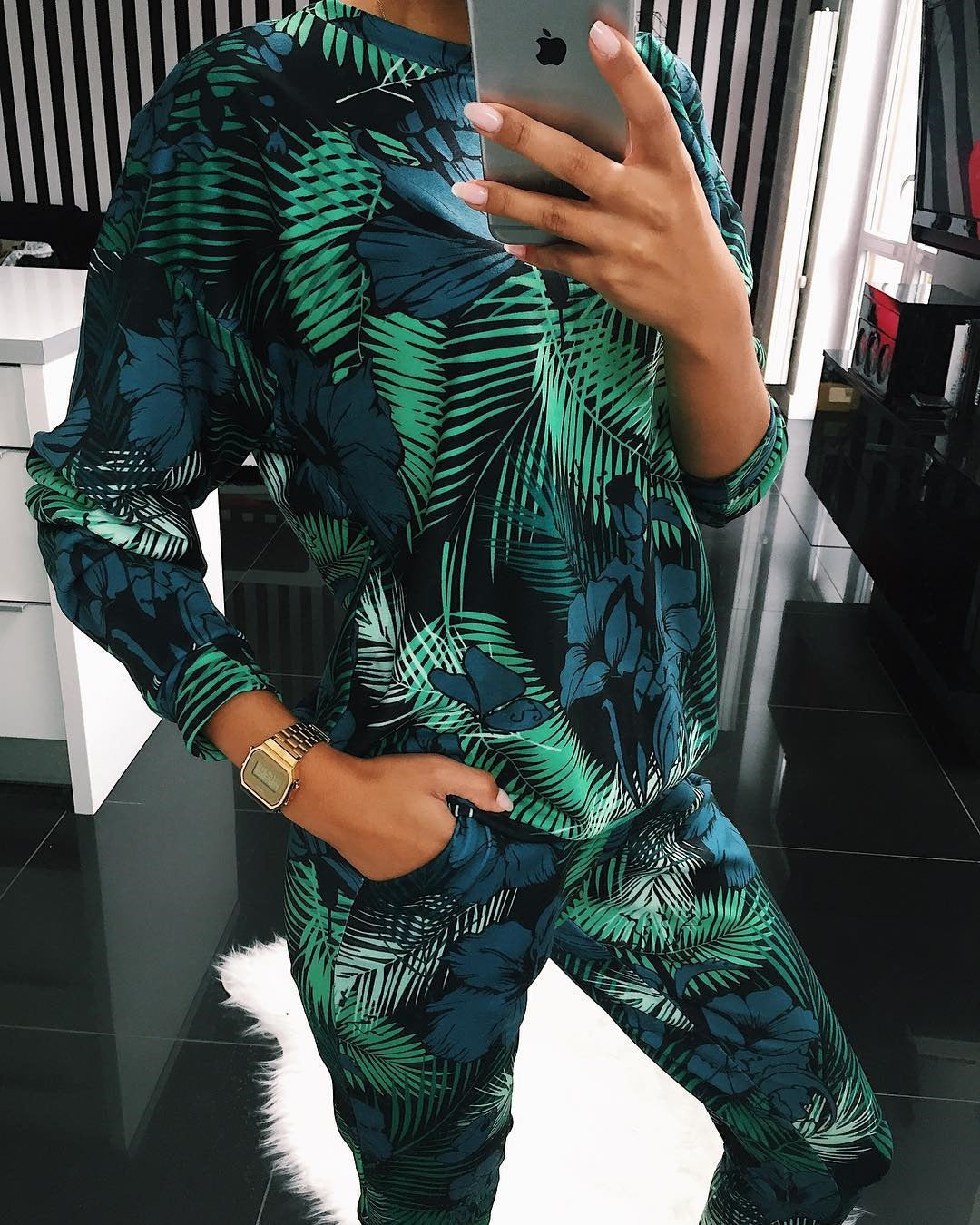 Women's Casual Suit with Floral Print and Pockets