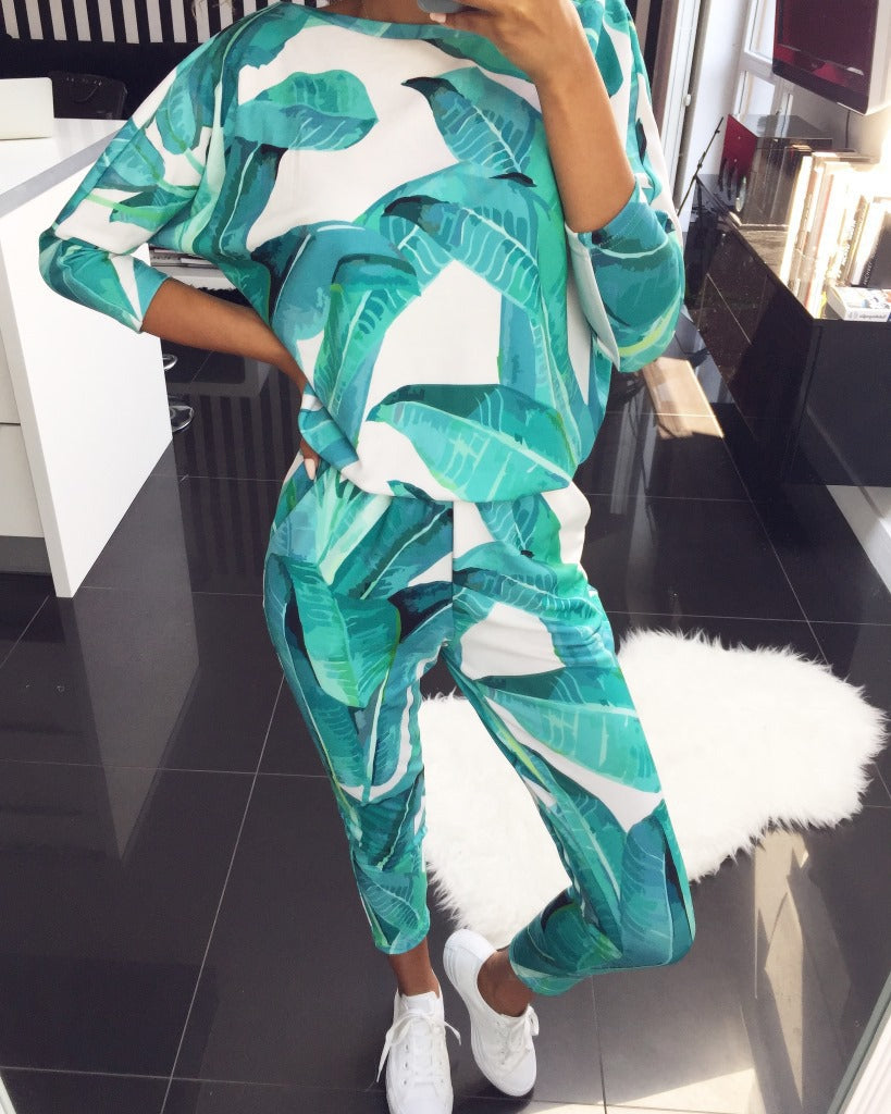 Women's Casual Suit with Floral Print and Pockets