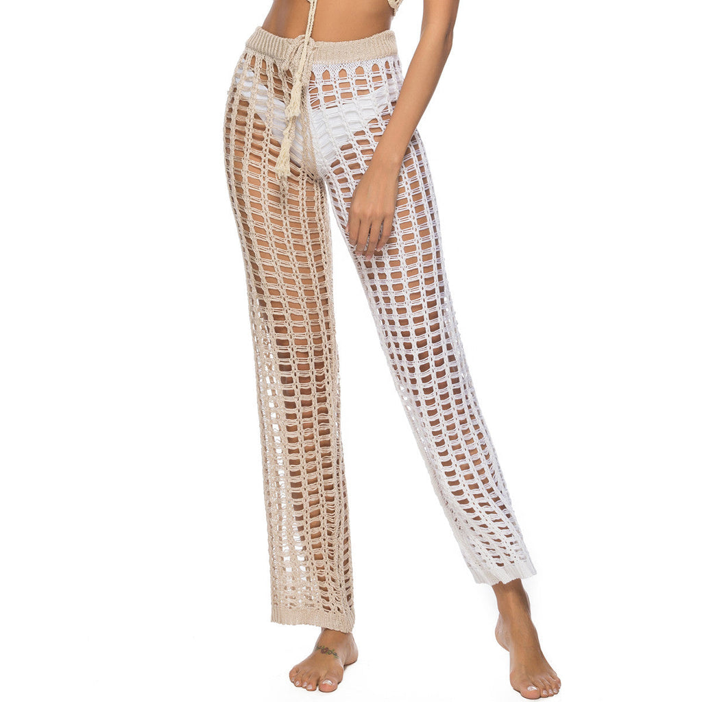 Women's Crochet Beach Pants with Transparent Pattern and Fringe
