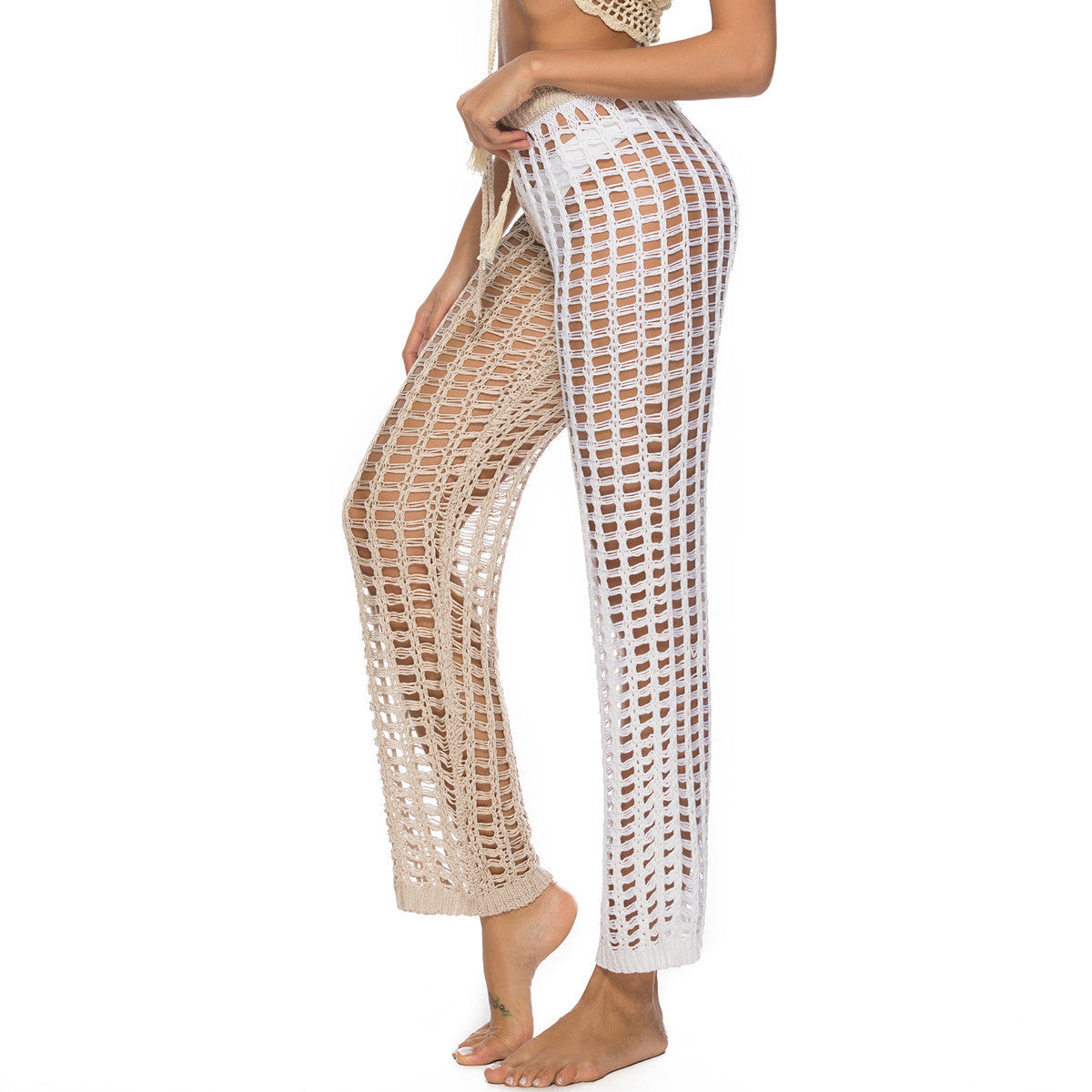 Women's Crochet Beach Pants with Transparent Pattern and Fringe