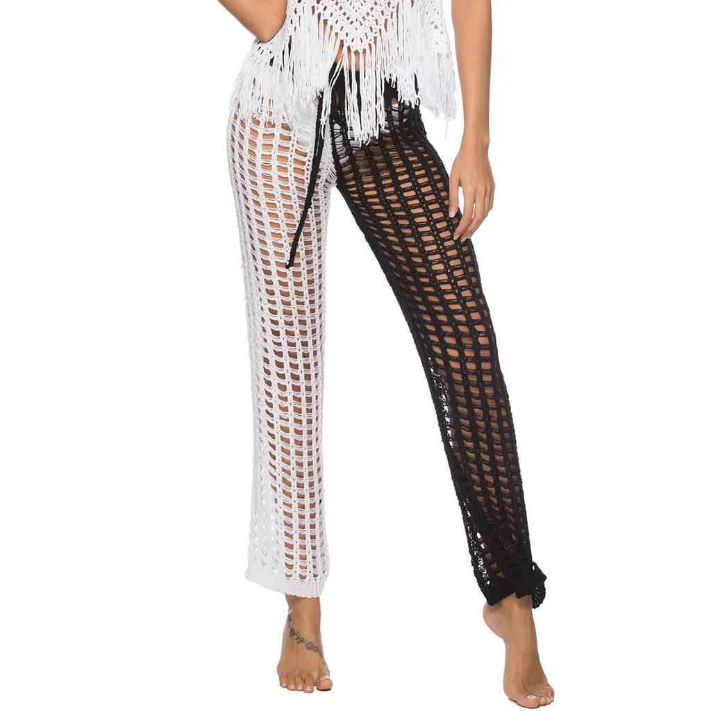 Women's Crochet Beach Pants with Transparent Pattern and Fringe