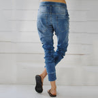 Women's Denim-Style Cargo Pants with Elastic Waist