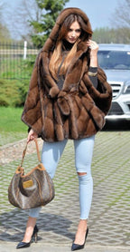 Women's Elegant Faux Fur Cape with Voluminous Hooded Collar and Belt