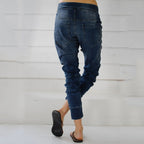 Women's Denim-Style Cargo Pants with Elastic Waist