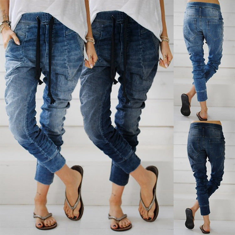 Women's Denim-Style Cargo Pants with Elastic Waist