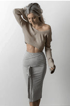 Women's Elegant Cropped Pullover with Deep Neckline and Figure-Hugging Skirt
