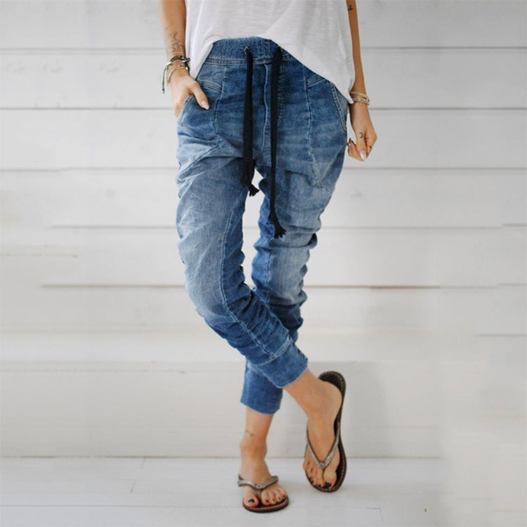 Women's Denim-Style Cargo Pants with Elastic Waist