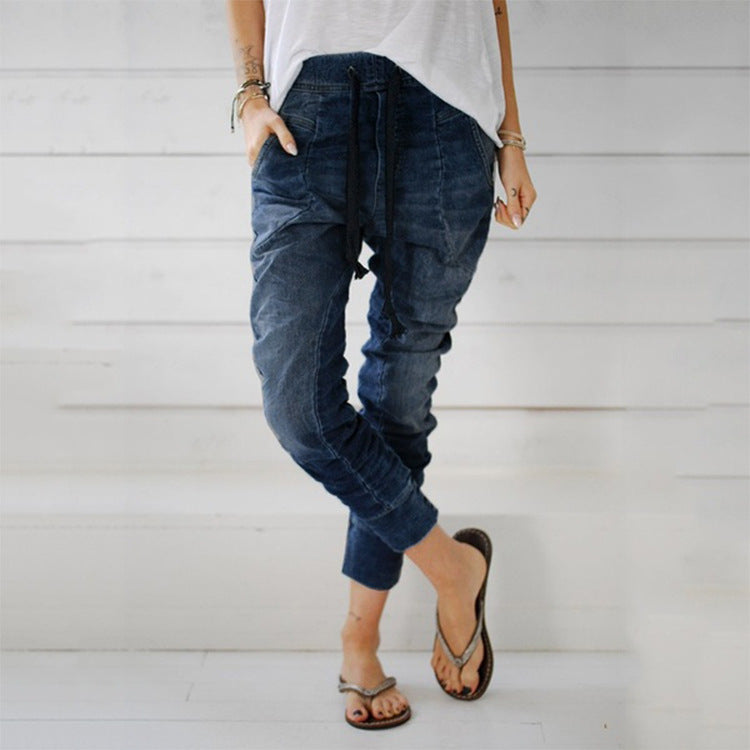 Women's Denim-Style Cargo Pants with Elastic Waist