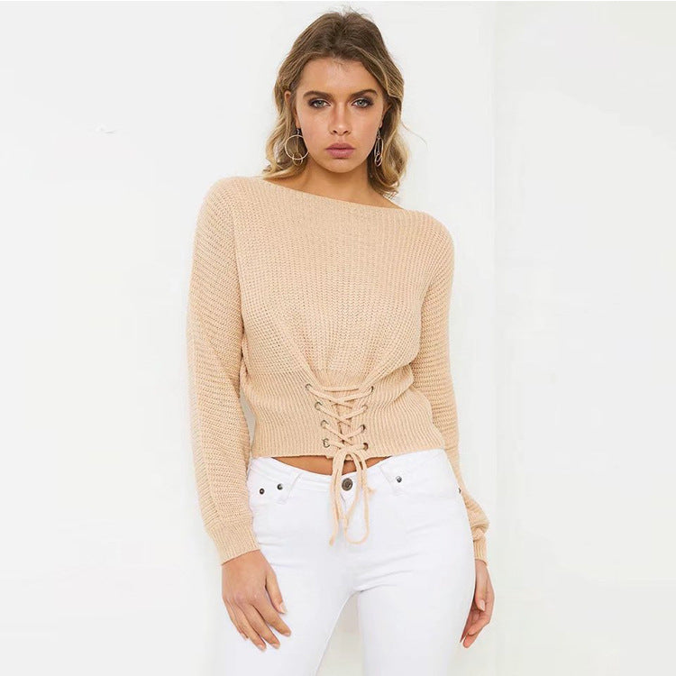 Women's Cropped Knit Sweater with Trendy Lacing