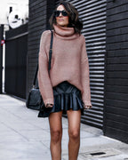 Women's Chunky Knit Sweater with High Collar and Casual Fit