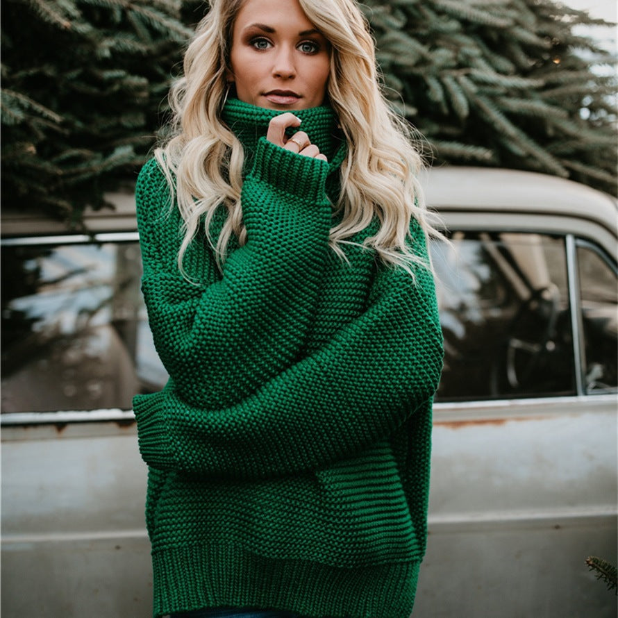 Women's Chunky Knit Sweater with High Collar and Casual Fit