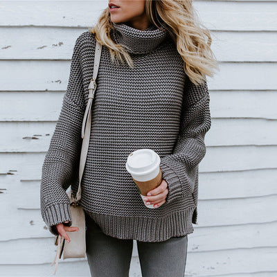 Women's Chunky Knit Sweater with High Collar and Casual Fit