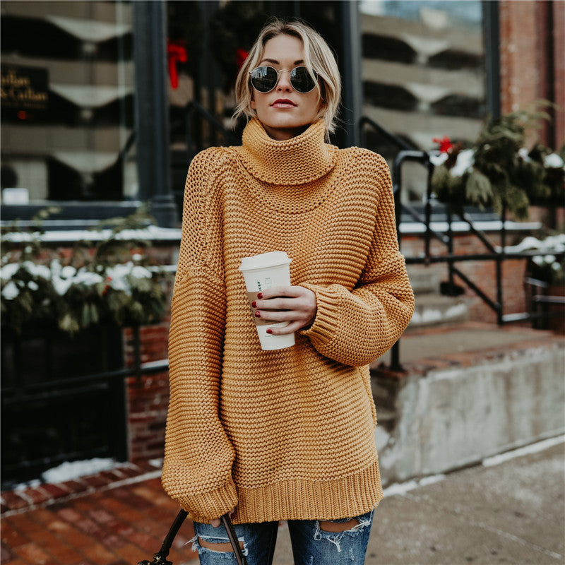 Women's Chunky Knit Sweater with High Collar and Casual Fit