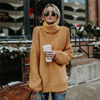 Women's Chunky Knit Sweater with High Collar and Casual Fit