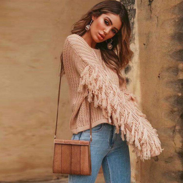 Women's Chunky Knit Sweater with Fringed Sleeves and Loose Fit