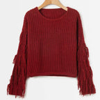 Women's Chunky Knit Sweater with Fringed Sleeves and Loose Fit