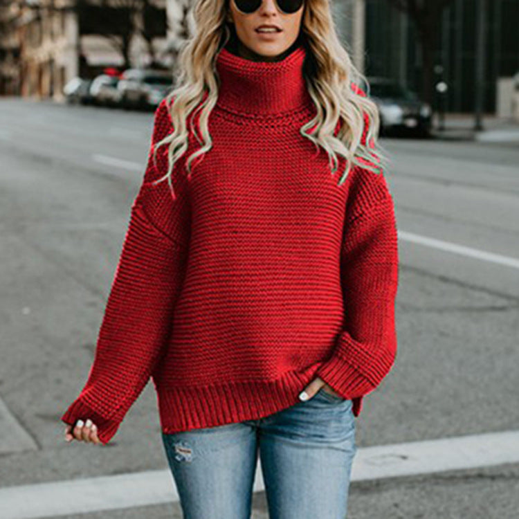 Women's Chunky Knit Sweater with High Collar and Casual Fit