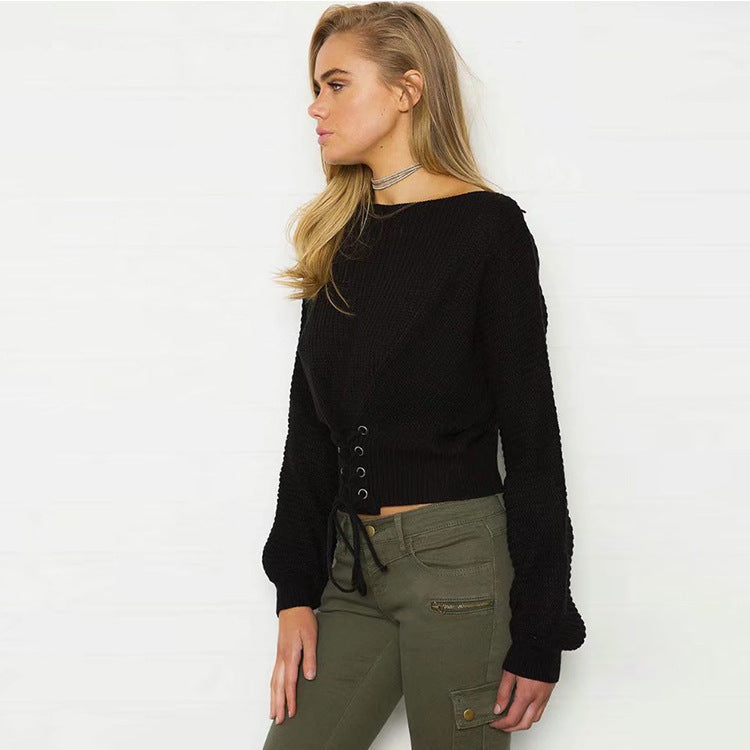 Women's Cropped Knit Sweater with Trendy Lacing