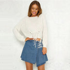 Women's Cropped Knit Sweater with Trendy Lacing