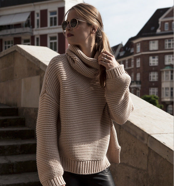 Women's Chunky Knit Sweater with High Collar and Casual Fit