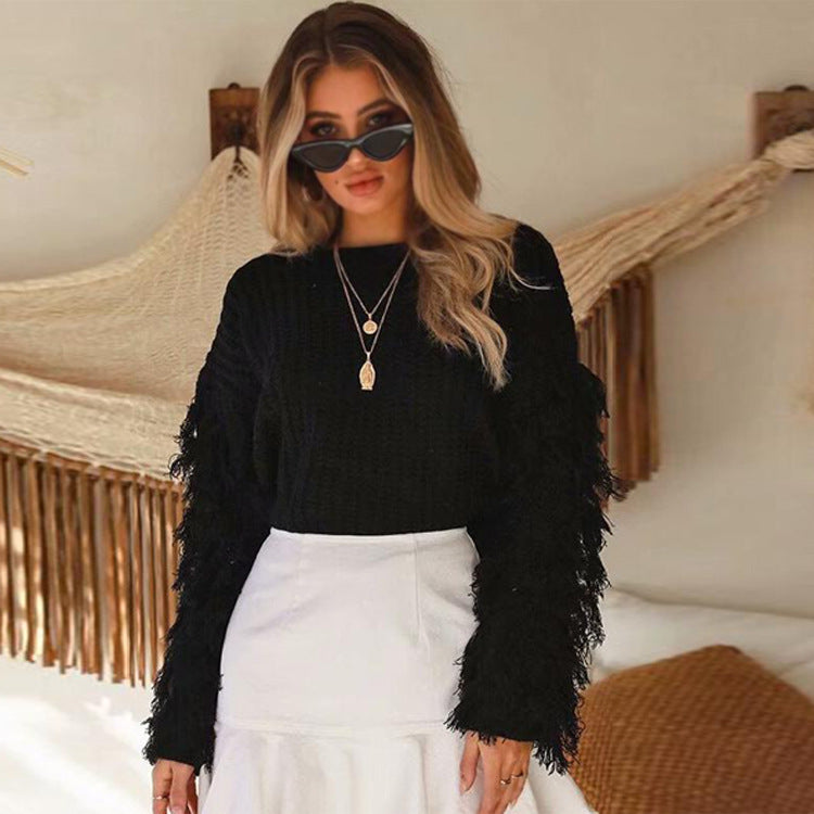 Women's Chunky Knit Sweater with Fringed Sleeves and Loose Fit
