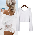 Women's Elegant Cropped Pullover with Deep Neckline and Figure-Hugging Skirt