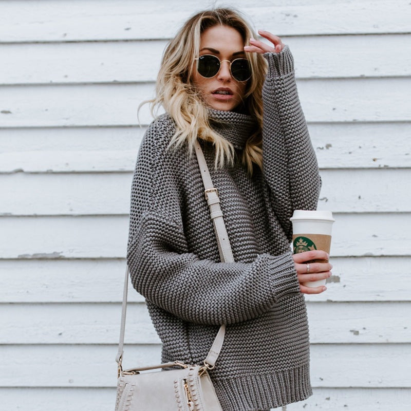 Women's Chunky Knit Sweater with High Collar and Casual Fit