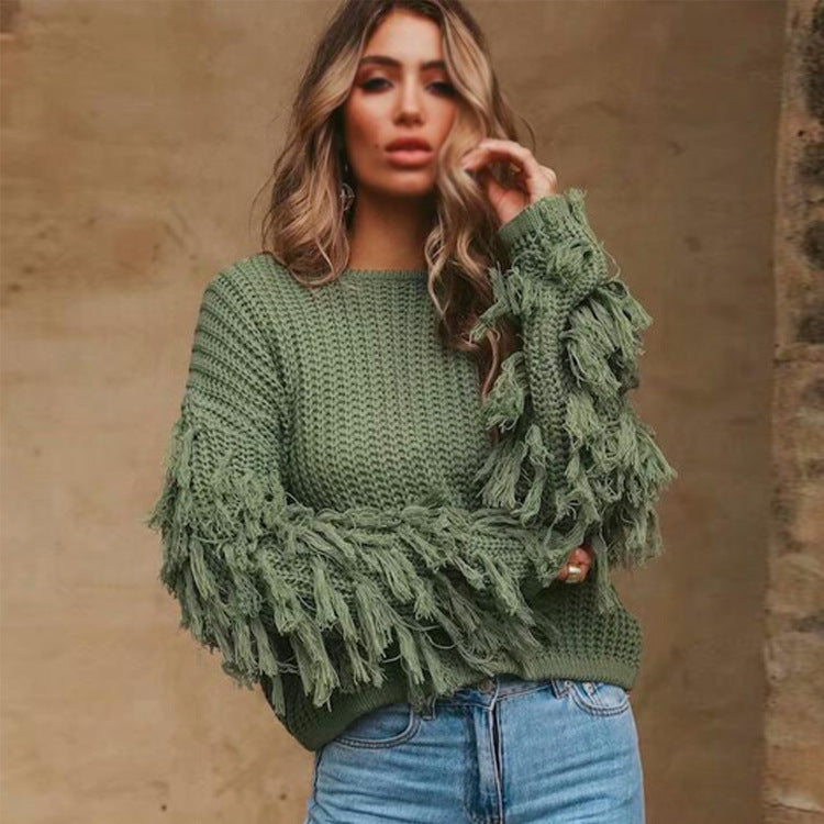 Women's Chunky Knit Sweater with Fringed Sleeves and Loose Fit