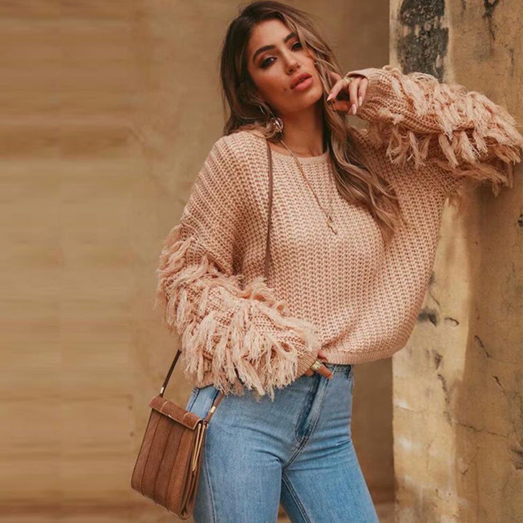 Women's Chunky Knit Sweater with Fringed Sleeves and Loose Fit