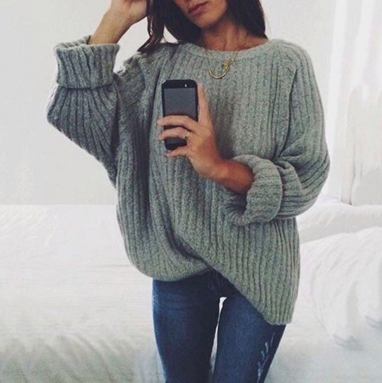 Women's Chunky Knit Sweater with Loose Fit and Wide Round Neckline