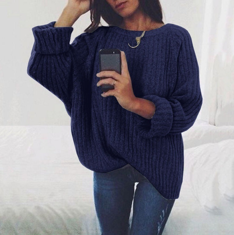 Women's Chunky Knit Sweater with Loose Fit and Wide Round Neckline