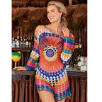 Women's Crochet Beach Cover-Up with Asymmetric Hem and Colorful Pattern