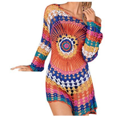 Women's Crochet Beach Cover-Up with Asymmetric Hem and Colorful Pattern