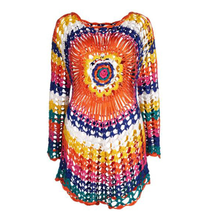 Women's Crochet Beach Cover-Up with Asymmetric Hem and Colorful Pattern
