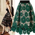 Flared Midi Skirt with Floral Lace Appliqué and Scalloped Hem