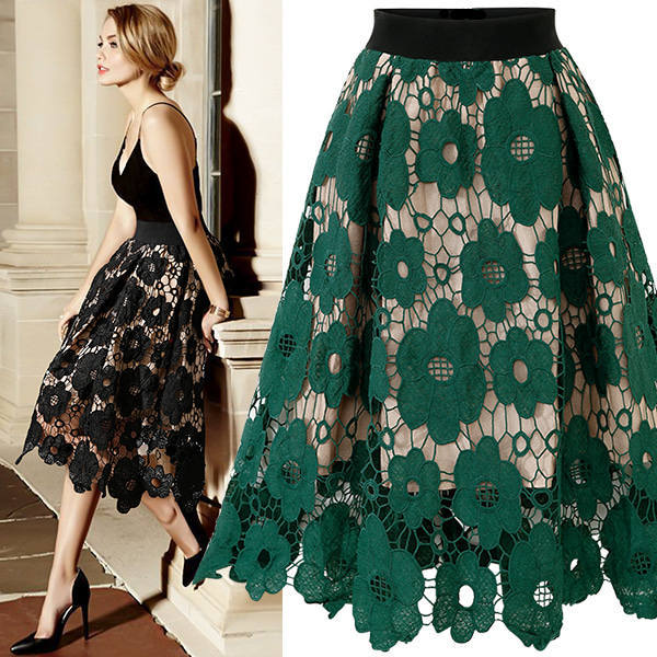 Flared Midi Skirt with Floral Lace Appliqué and Scalloped Hem
