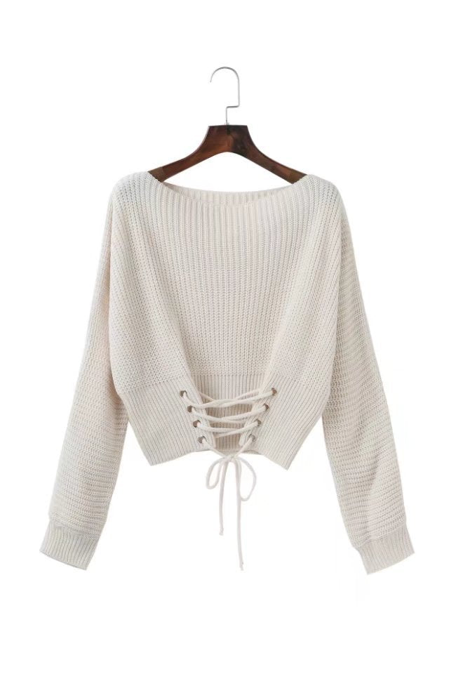 Women's Cropped Sweater with Lacing and Wide Cut