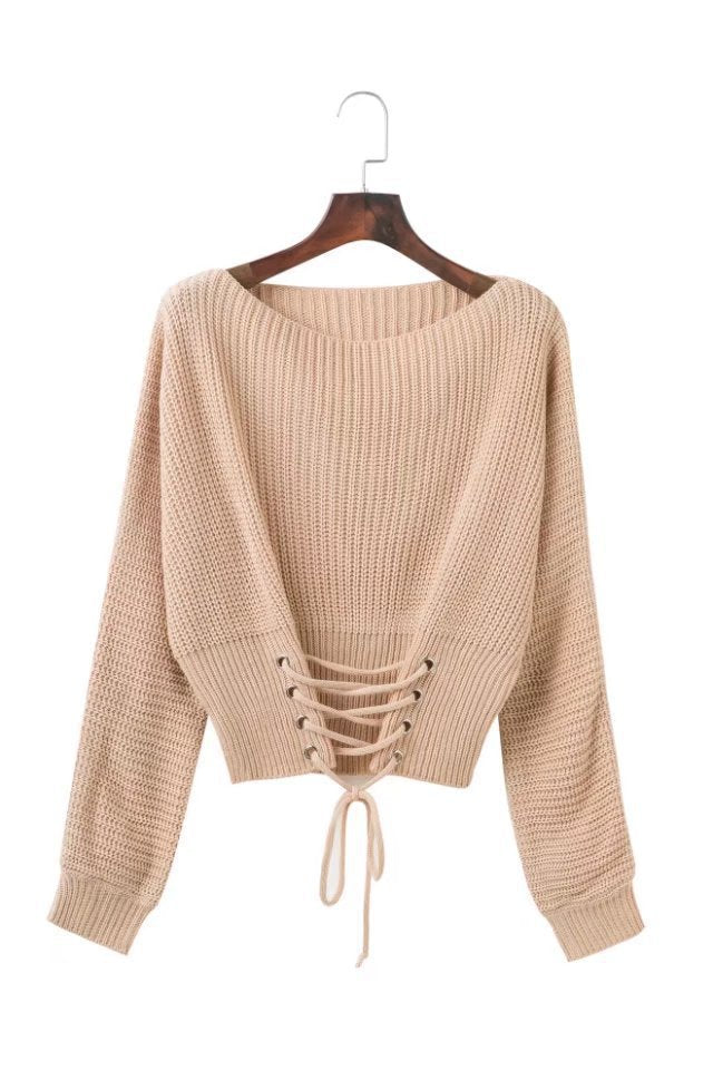 Women's Cropped Knit Sweater with Lace Detail