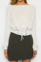 Women's Cropped Knit Sweater with Lace Detail