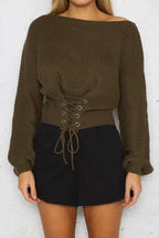 Women's Cropped Knit Sweater with Lace Detail