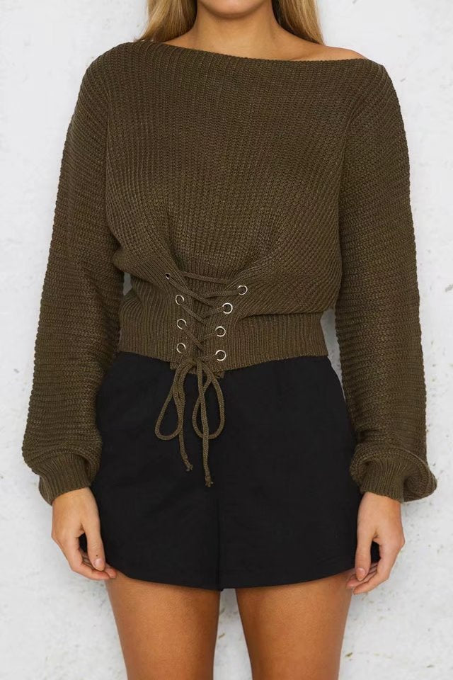 Women's Cropped Sweater with Lacing and Wide Cut