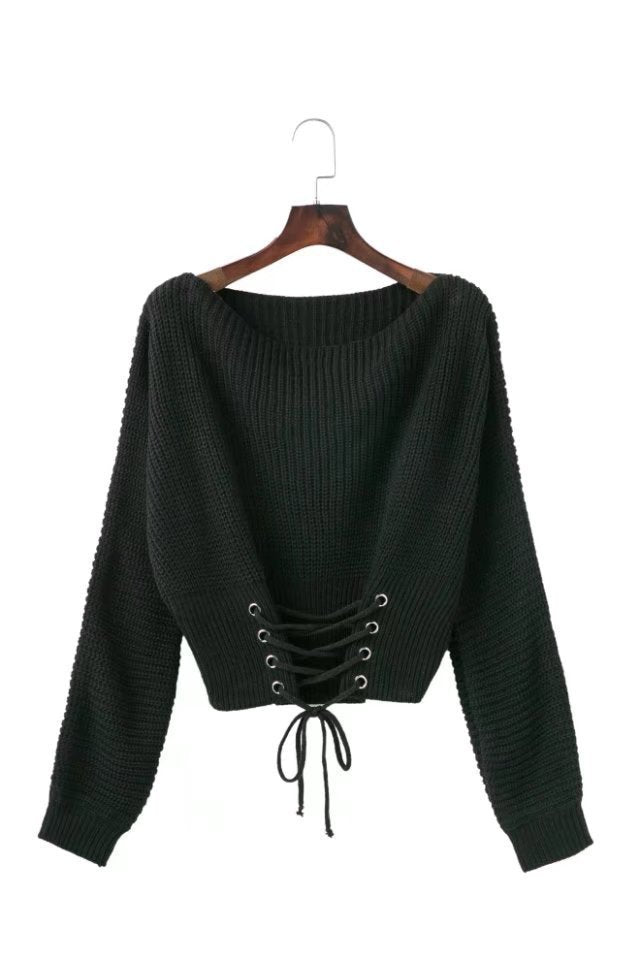 Women's Cropped Knit Sweater with Lace Detail