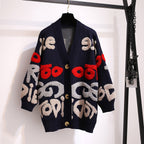 Women's Chunky Knit Cardigan with Colorful Graphic Patterns and Comfortable Button Details