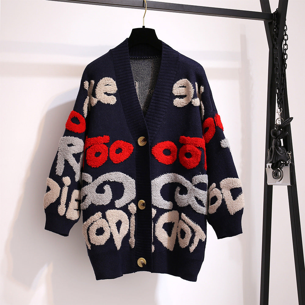 Women's Chunky Knit Cardigan with Colorful Graphic Patterns and Comfortable Button Details