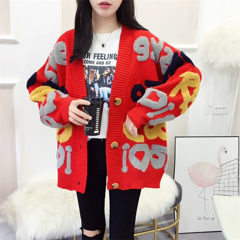 Women's Chunky Knit Cardigan with Colorful Graphic Patterns and Comfortable Button Details