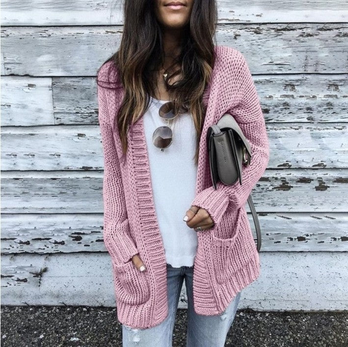 Women's Chunky Knit Cardigan with Patch Pockets and Casual Cut